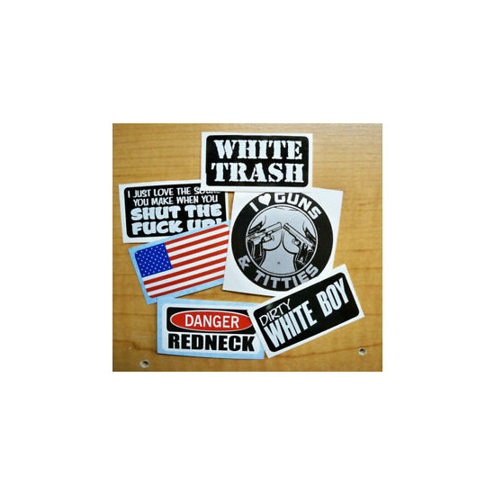 6pk Funny Hard Hat Stickers | White Trash Dirty Boy American Flag Redneck USA image {1}