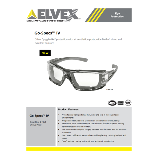Elvex Go Specs IV Safety/Glasses/Goggles Clear A/F Dark Gray Temples Z87.1 WELGG image {8}