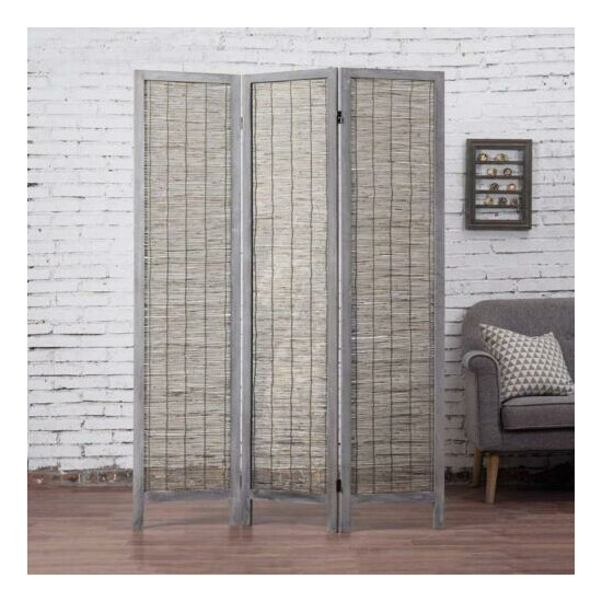 3 Panel, Woven Reed Room Divider w/ Distressed Gray Solid Wood Frame, Foldable image {1}