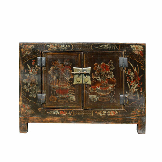 Oriental Chinoiseries Distressed Flower Black Low TV Console Cabinet cs5902 image {1}