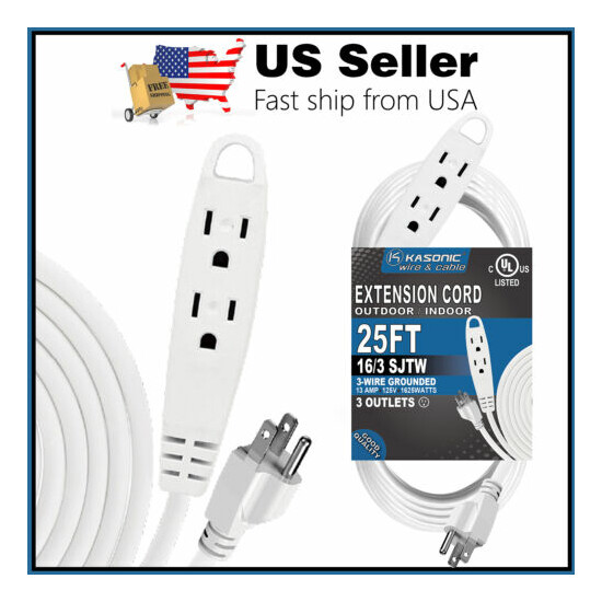 100/50/25Ft 3 Outlet Extension Cord UL Listed 16/3 SJTW 3-Wire Grounded 13A 125V image {2}
