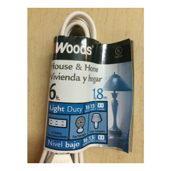 Woods 9' Foot Indoor Light Duty Extension Cord 3 Outlet 2 Prong 16 gauge White image {2}