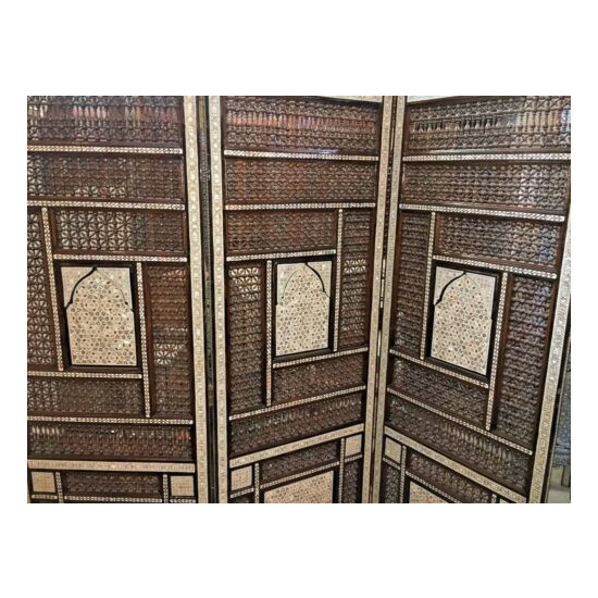 Antique Wood Room Divider Screen Inlaid Mother of Pearl with Hand Work Arabesque image {1}