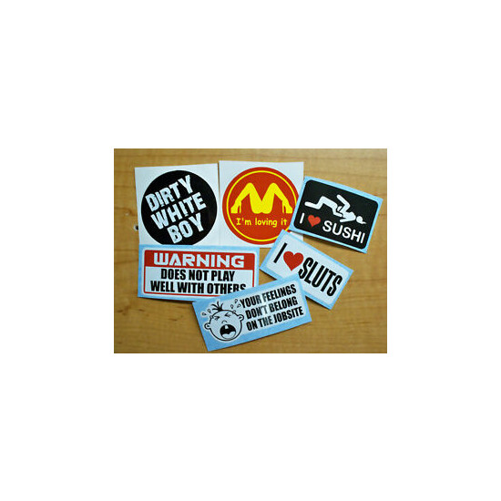 6pk Funny Hard Hat Stickers | Lovin It Dirty White Boy Sushi Construction Decals image {1}