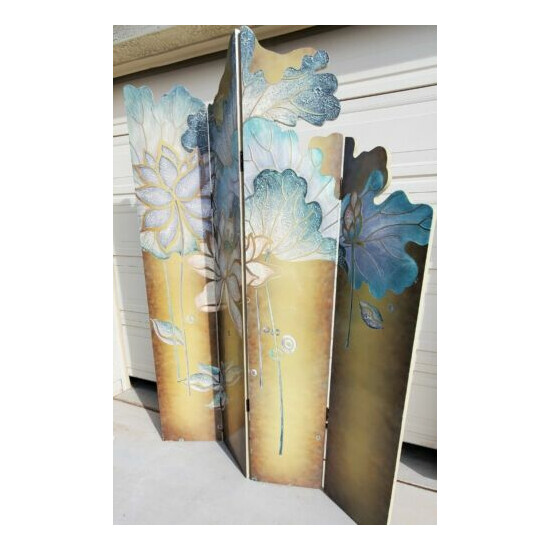 Haindpainted 4-Panel Solid Wood Room Divider Ducks, Water, Flowers, Stands Tall image {1}