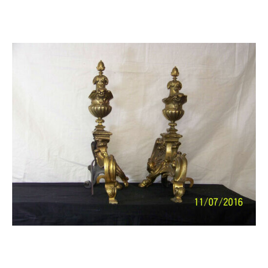 Antique French Rococo Scroll Gilt Bronze Andirons Chenets Lion Claw Feet  image {4}