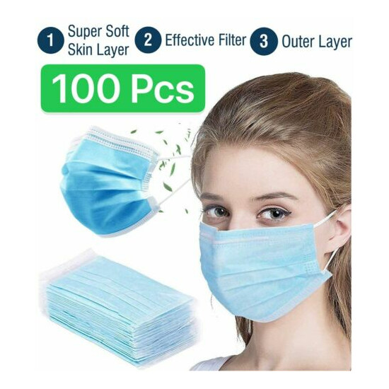 100 PCS Blue Face Mask Mouth & Nose Protecting Families Easy Safe image {1}