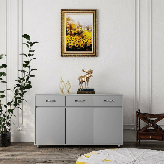 Grey Color Cabinet with 3 Drawers and 3 Doors 2 Different Size Sheling Space image {3}
