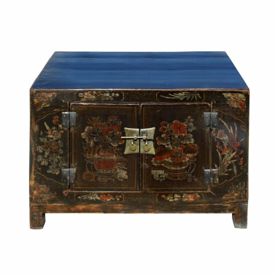 Oriental Chinoiseries Distressed Flower Black Low TV Console Cabinet cs5902 image {2}