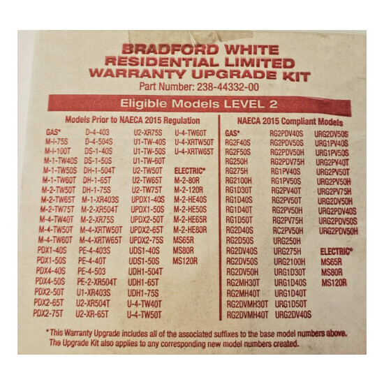 Bradford White Residential Limited Warranty Upgrade Kit Level 2 238-44332-00 image {2}