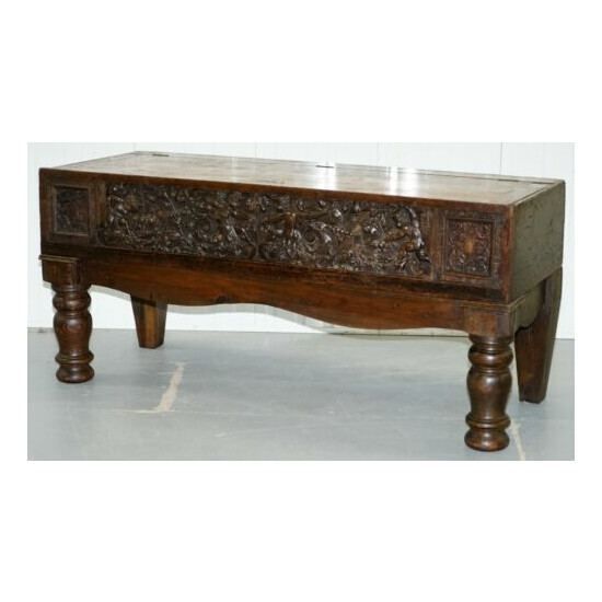 VERY RARE CIRCA 1720 TRUNK CHEST COFFER ON STAND SIDEBOARD CARVED CHERUB FIGURES image {3}
