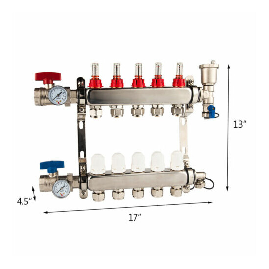 5-Branch 1/2"PEX Radiant Floor Heating Manifold Set Made Of Stainless Steel Home image {2}