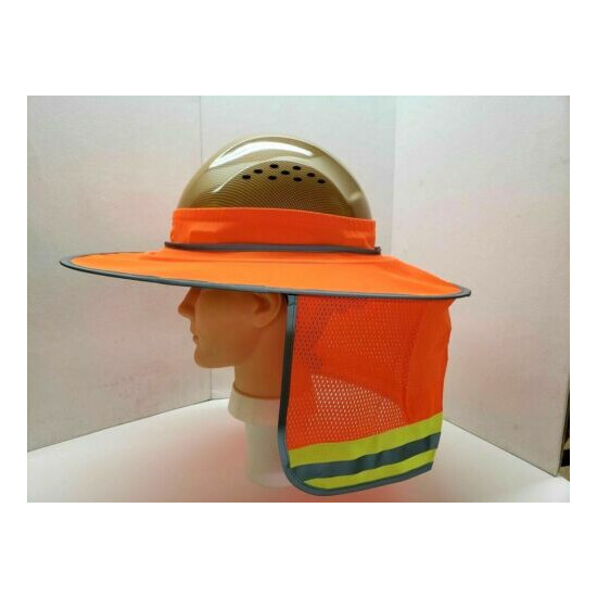 Orange Hard Hat Sun Shade Visor Full Brim Mesh Neck HI VIS REFLECTIVE STRIPE  image {1}