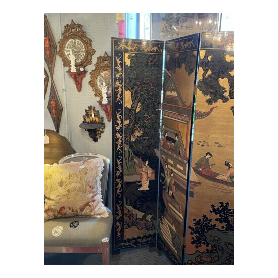 Vintage George Zee Four Panel Hand Carved & Painted Asian Room Divider Screen  image {3}