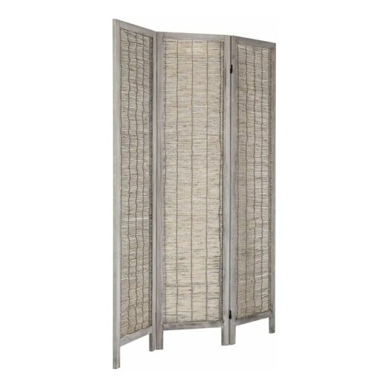 3 Panel, Woven Reed Room Divider w/ Distressed Gray Solid Wood Frame, Foldable image {4}