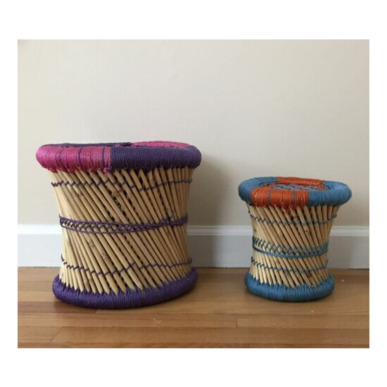 Two Handmade Cane Bamboo Muddah Indoor Outdoor Woven Top Stools -10" and 8"  image {1}