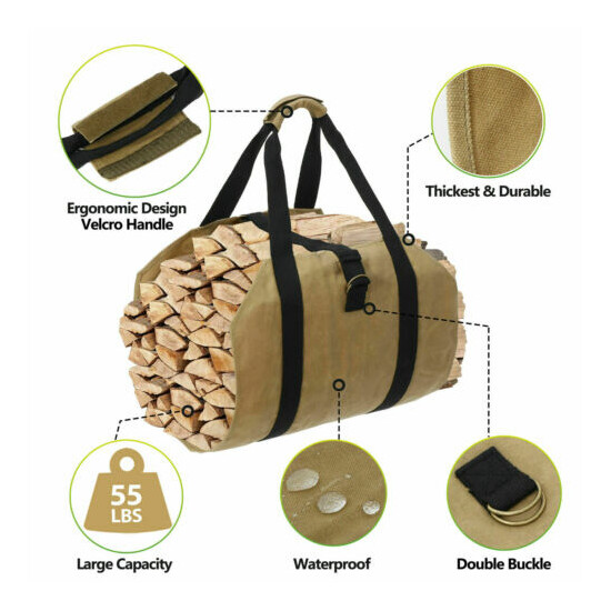 Portable Canvas Firewood Log Carrier Bag Waxed Canvas Log Tote Bags Camping image {3}