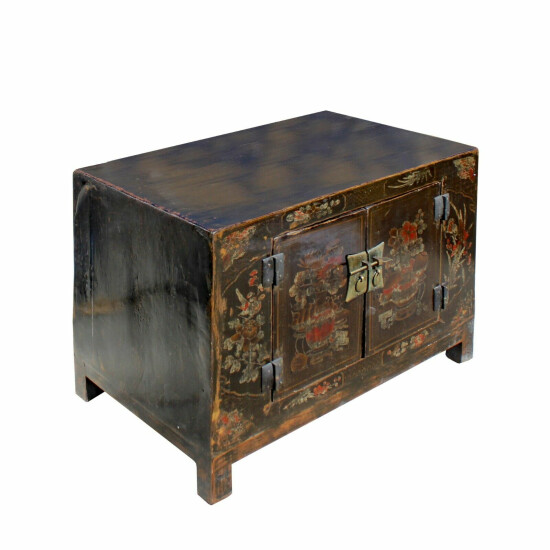 Oriental Chinoiseries Distressed Flower Black Low TV Console Cabinet cs5902 image {3}