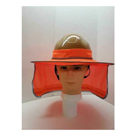 Orange Hard Hat Sun Shade Visor Full Brim Mesh Neck HI VIS REFLECTIVE STRIPE  image {3}