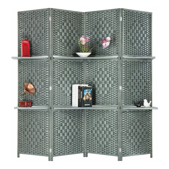 MyGift 6-Foot Gray Bamboo Woven 4-Panel Room Divider with 2 Shelves image {2}