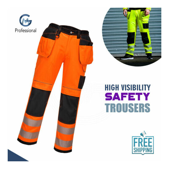 Portwest Mens Hi Vis Trousers Holster Pockets Durable Work wear 2 Knee Pads CE image {4}