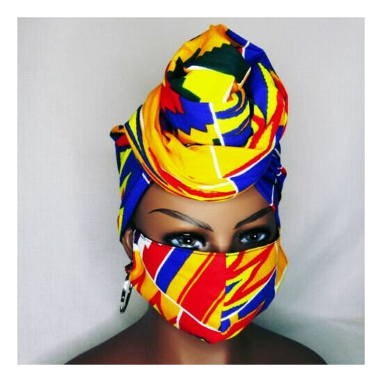 New African Wax Print Head Wrap and Face Mask Set (Orange/Red/Blue/Purple/Green) image {2}