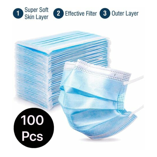 100 PCS Blue Face Mask Mouth & Nose Protecting Families Easy Safe US SLLER image {1}