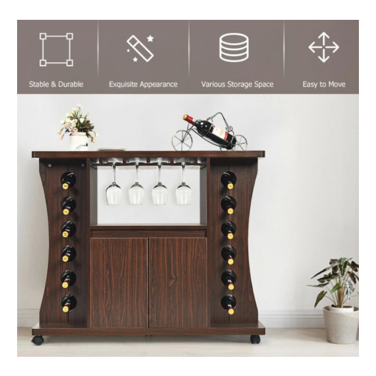Rolling Buffet Sideboard Wooden Bar Storage Cabinet w/ Wine Rack & Glass Holder  image {4}