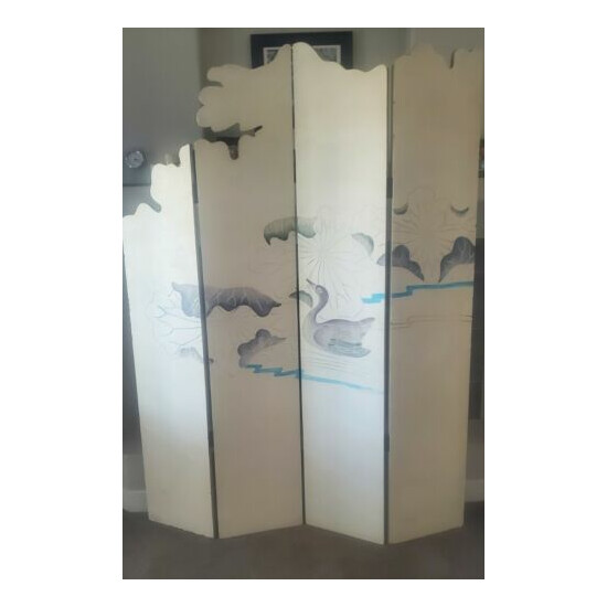 Haindpainted 4-Panel Solid Wood Room Divider Ducks, Water, Flowers, Stands Tall image {3}