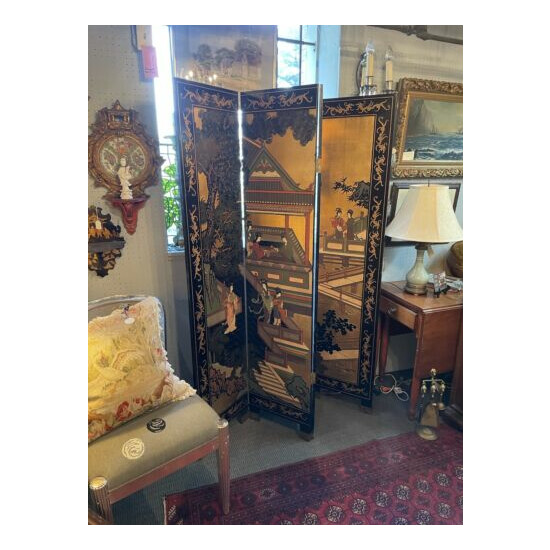 Vintage George Zee Four Panel Hand Carved & Painted Asian Room Divider Screen  image {2}