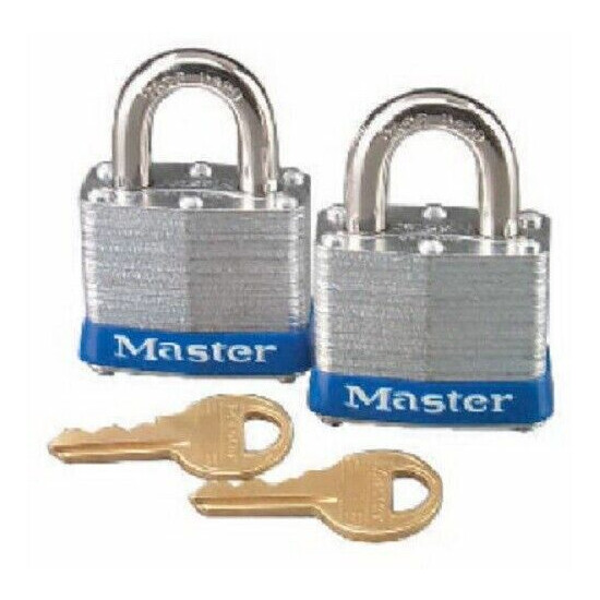 Master Lock, 3T, 2 Pack, 1-1/2", Laminated Padlock, Keyed Alike, 3/4" Shackle image {1}