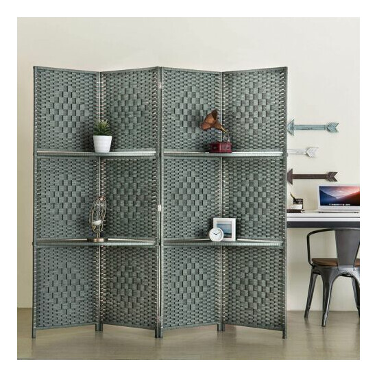 MyGift 6-Foot Gray Bamboo Woven 4-Panel Room Divider with 2 Shelves image {3}