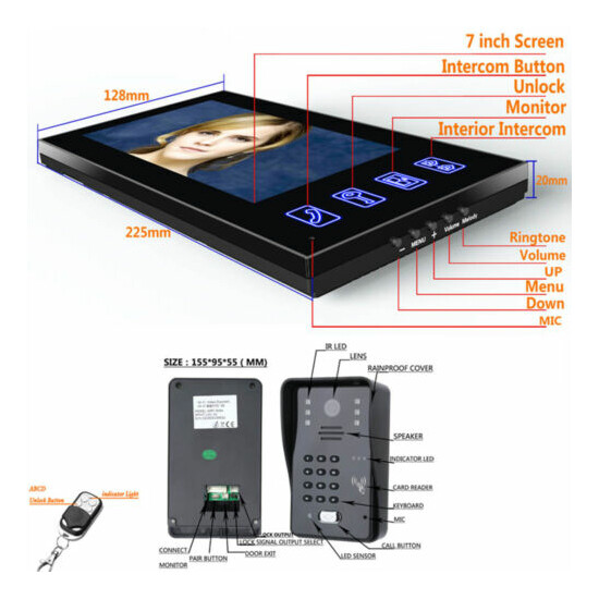 7" Lcd Monitors kit outdoor camera Electric Strike Lock+wireless remote control image {8}