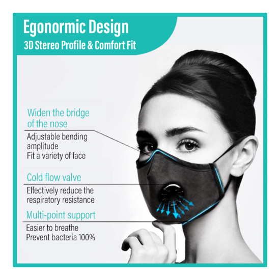 Reusable Washable Cloth Face Mask w/ Air Valve + 2x PM2.5 Filters (Choose Color) image {2}