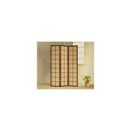 3 Panel Wooden Screen Room Divider with Jute Inlay Brown Cherry image {1}
