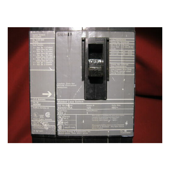 Siemens ED43S125A 125V 480V Circuit Breaker with A02ED62 Auxiliary Switch  image {2}