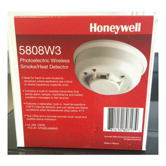 Brand New Honeywell 5808W3 Photoelectric Wireless Smoke Heat Detector, Battery  image {1}