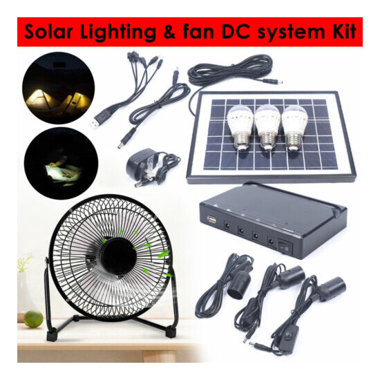 Solar Power Panel USB Charging W/ LED Light & Fan Kit Fits Home Outdoor Camping image {1}
