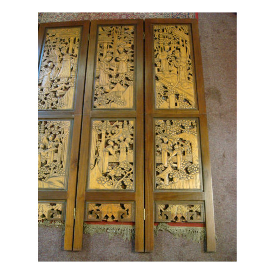 Vintage Solid Wood Hand Carved 4 Panel Room Divider 6' x 6' image {3}