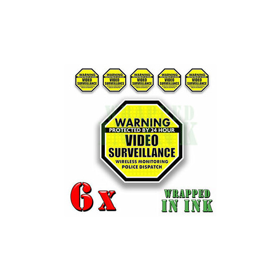 Video Surveillance Security Stickers Decals Warning YELLOW 6 pack Octagon 4" image {1}