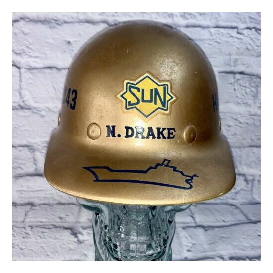 Vtg Painted SUN Oil Tanker Sunoco Gold Hard Hat Ship American Gas Advertising image {11}