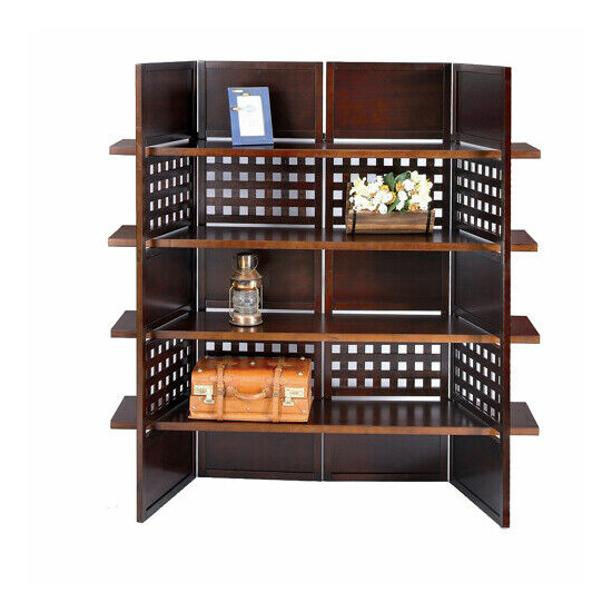 4-Panel Book Shelves Walnut Finish Room Divider image {1}
