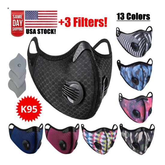 Sport Cycling Face Mask With Active Carbon Filters Breathing Valves Washable USA image {1}