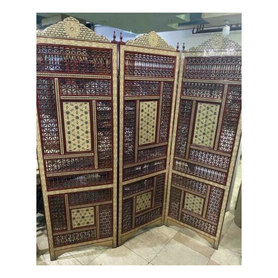  Wood Room Divider Screen Inlaid Mother of Pearl with Hand Work Arabesque  image {1}