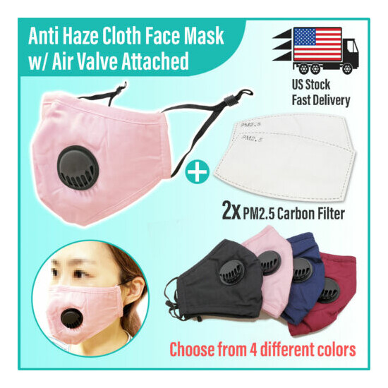 Reusable Washable Cloth Face Mask w/ Air Valve + 2x PM2.5 Filters (Choose Color) image {1}