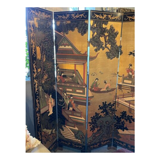 Vintage George Zee Four Panel Hand Carved & Painted Asian Room Divider Screen  image {4}