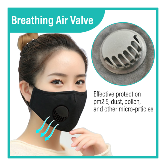 (3 PCS) Reusable Washable Cloth Face Mask w/ Air Valve 2x PM2.5 Filters (Choose) image {7}