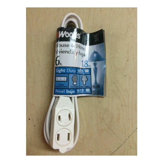 Woods 9' Foot Indoor Light Duty Extension Cord 3 Outlet 2 Prong 16 gauge White image {1}