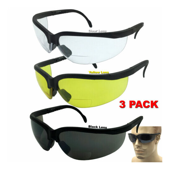 3 Pair Assorted Lot Bifocal Safety Reading Glasses Clear Lens ANSI Reader Sun image {1}